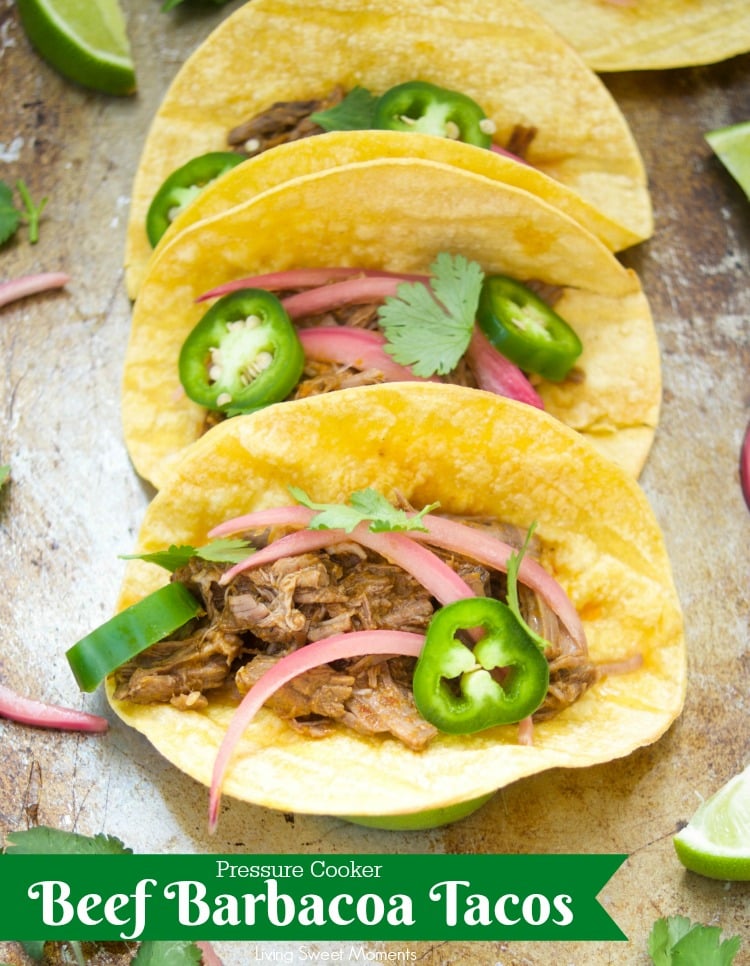 This scrumptious beef barbacoa tacos recipe is made quickly in the pressure cooker and served with homemade pickled onions. Perfect for dinner and parties. 
