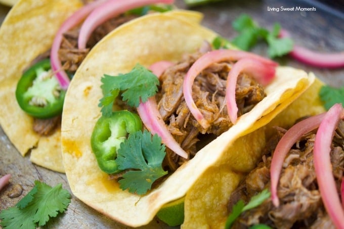 This scrumptious beef barbacoa tacos recipe is made quickly in the pressure cooker and served with homemade pickled onions. Perfect for dinner and parties.