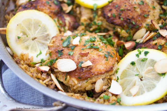 This delicious One Pot Chicken And Rice recipe is seasoned with za'atar and topped with lemon, almonds, and parsley. A delicious quick dinner idea.