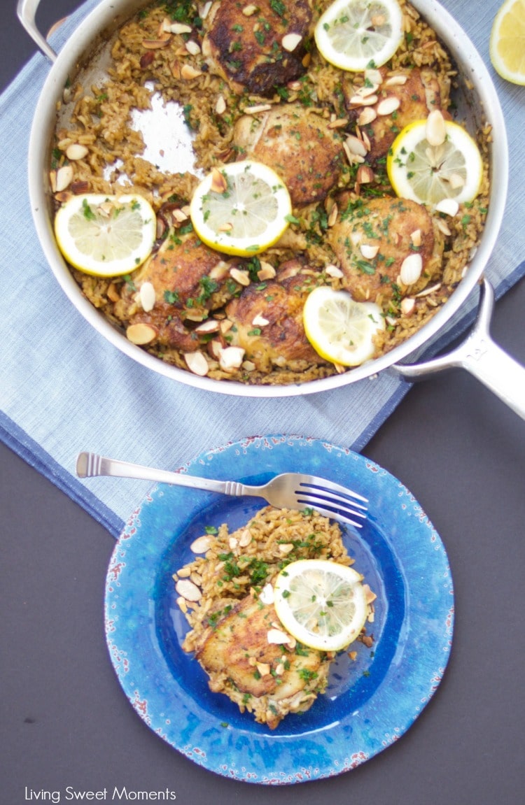 This delicious One Pot Chicken And Rice recipe is seasoned with za'atar and topped with lemon, almonds, and parsley. A delicious quick dinner idea.