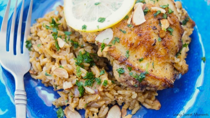 This delicious One Pot Chicken And Rice recipe is seasoned with za'atar and topped with lemon, almonds, and parsley. A delicious quick dinner idea.