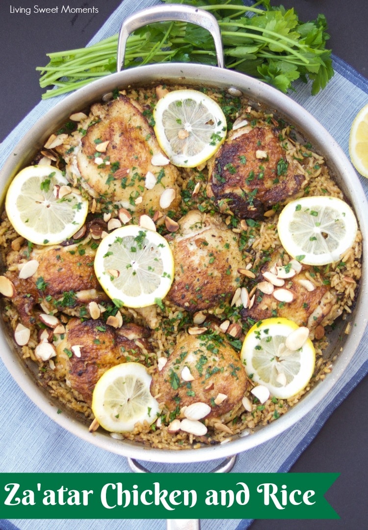 This delicious One Pot Chicken And Rice recipe is seasoned with za'atar and topped with lemon, almonds, and parsley. A delicious quick dinner idea. 