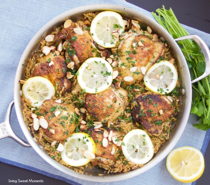 This delicious One Pot Chicken And Rice recipe is seasoned with za'atar and topped with lemon, almonds, and parsley. A delicious quick dinner idea.