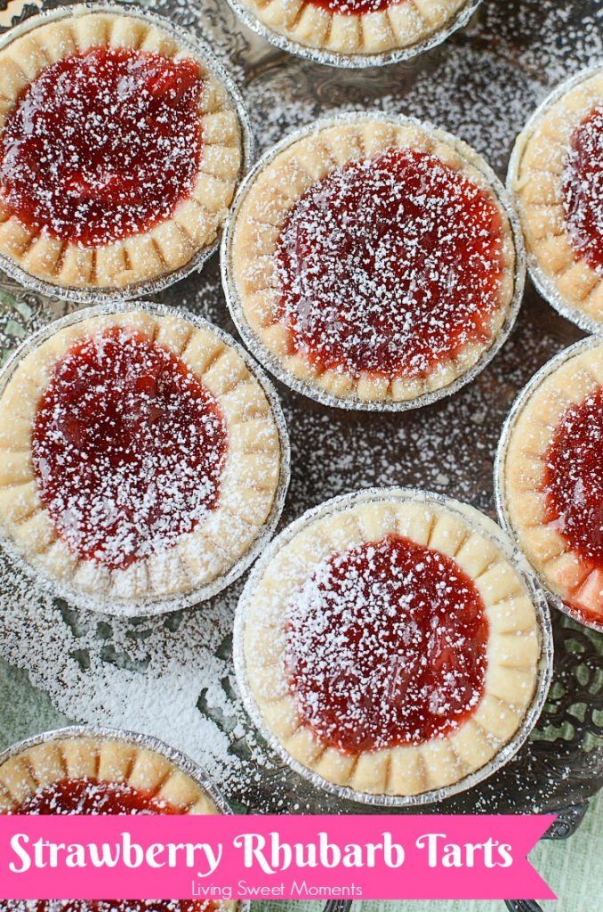 These delicious and tangy Strawberry Rhubarb Tarts are super easy to make and are the perfect mini desserts for any party. Top them with powdered sugar. 