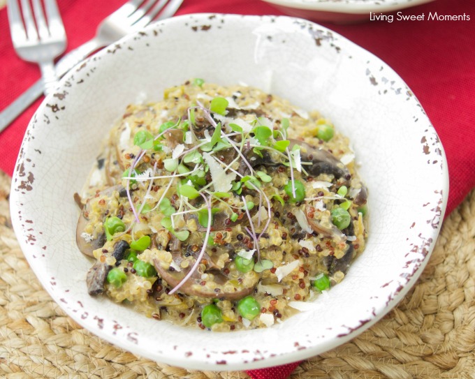 This amazing and creamy wild mushroom quinoa risotto recipe is super easy, vegetarian and is made with leeks & green peas for great color & flavor.