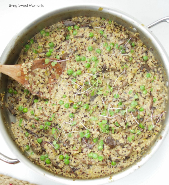 This amazing and creamy wild mushroom quinoa risotto recipe is super easy, vegetarian and is made with leeks & green peas for great color & flavor.