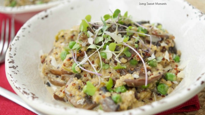 This amazing and creamy wild mushroom quinoa risotto recipe is super easy, vegetarian and is made with leeks & green peas for great color & flavor.