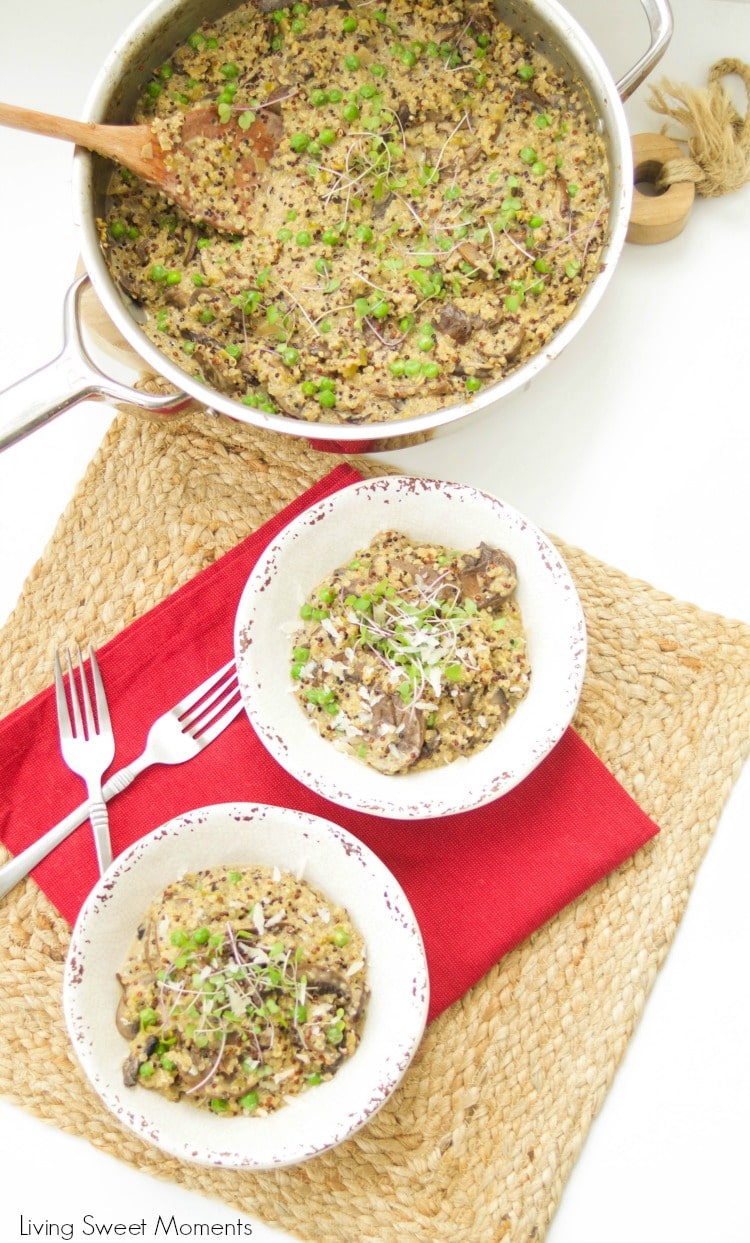 This amazing and creamy wild mushroom quinoa risotto recipe is super easy, vegetarian and is made with leeks & green peas for great color & flavor.