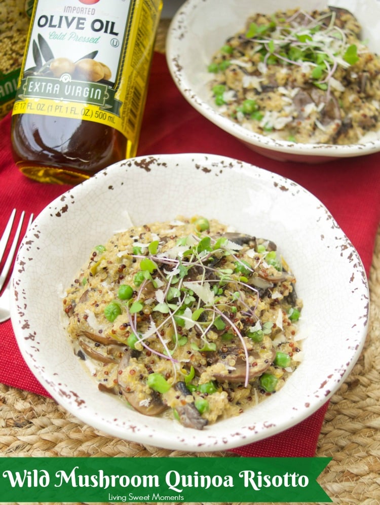 This amazing and creamy wild mushroom quinoa risotto recipe is super easy, vegetarian and is made with leeks & green peas for great color & flavor. 