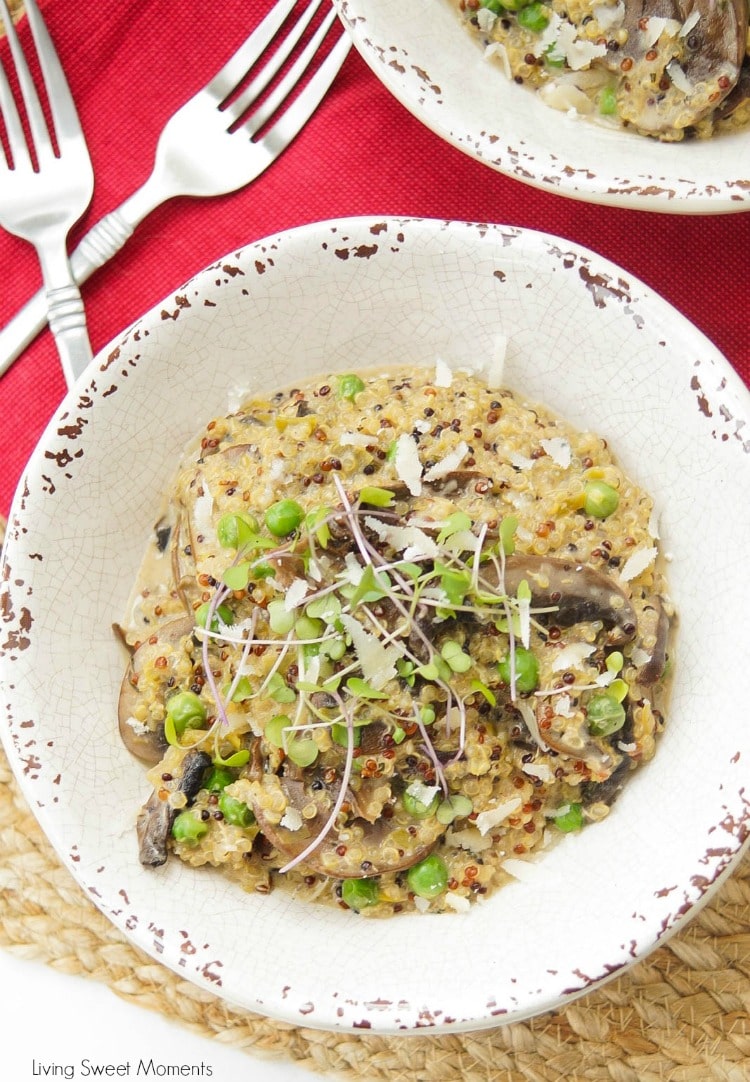 This amazing and creamy wild mushroom quinoa risotto recipe is super easy, vegetarian and is made with leeks & green peas for great color & flavor.