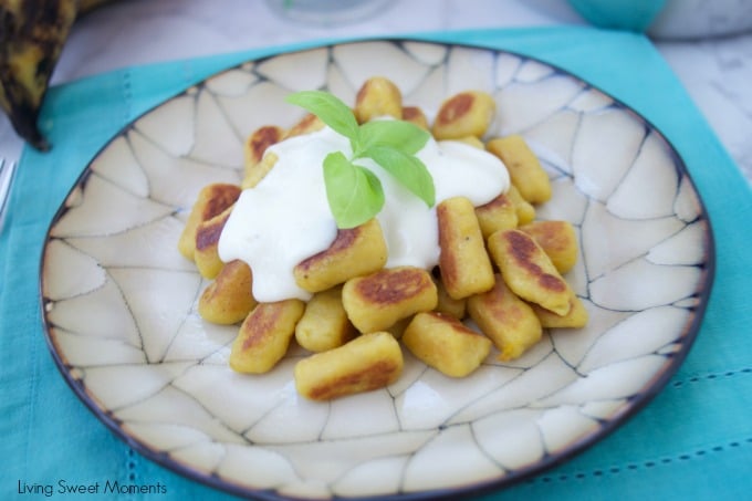 Delicious savory homemade plantain gnocchi is served with an amazing four cheese sauce. Perfect as a vegetarian entree for parties or celebrations.