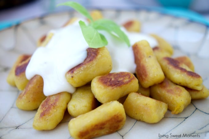 Delicious savory homemade plantain gnocchi is served with an amazing four cheese sauce. Perfect as a vegetarian entree for parties or celebrations.