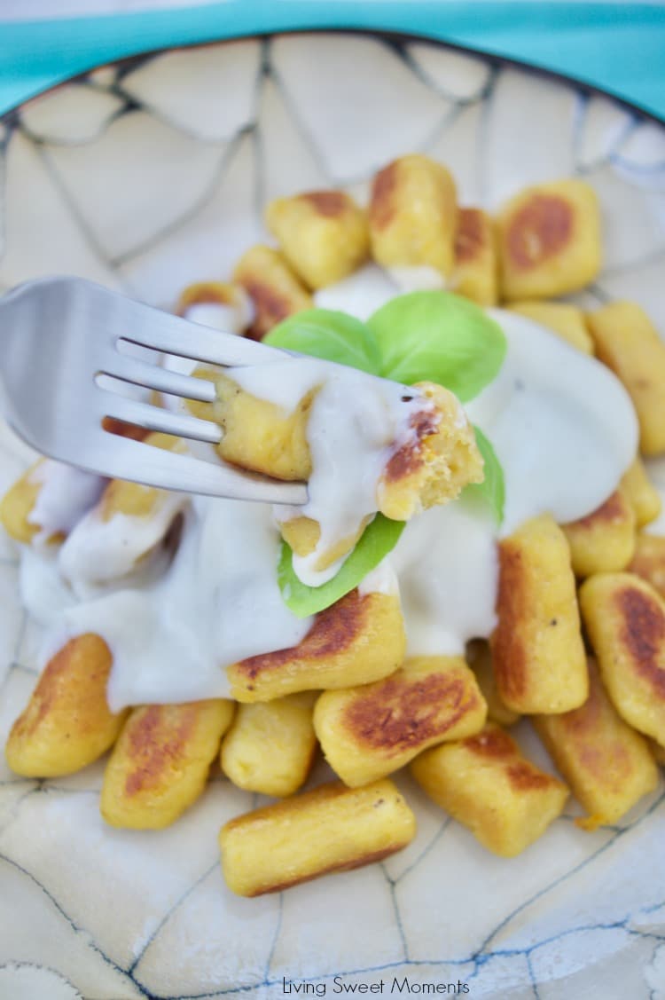 Delicious savory homemade plantain gnocchi is served with an amazing four cheese sauce. Perfect as a vegetarian entree for parties or celebrations.