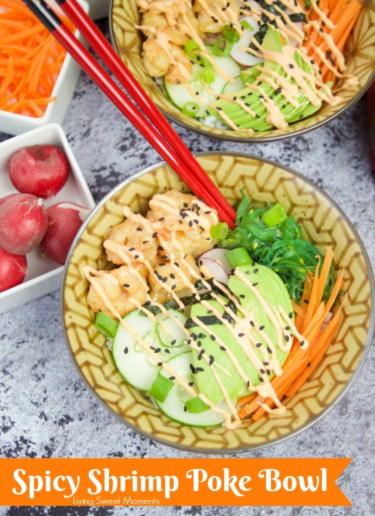 This delicious spicy shrimp poke bowl recipe is served with hot sushi rice, spicy mayo, avocados, radishes, and carrots. A quick weeknight dinner idea