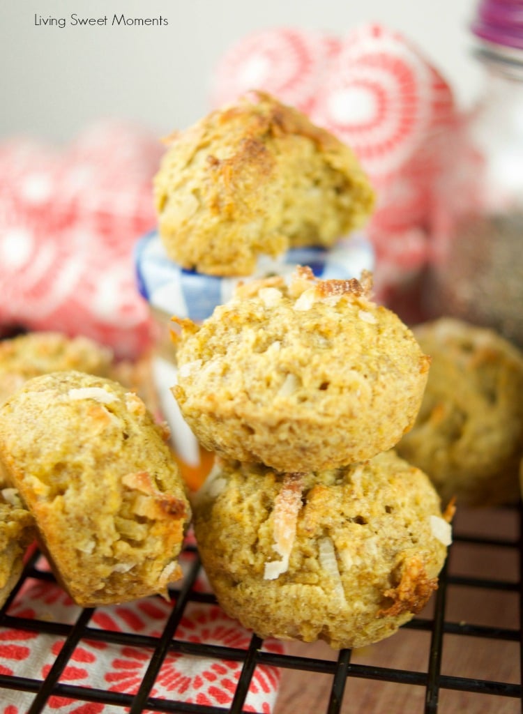 These gluten free mango coconut muffins are made with chia and oats and are low in fat and sugar. The perfect healthy muffin recipe for breakfast or snack.