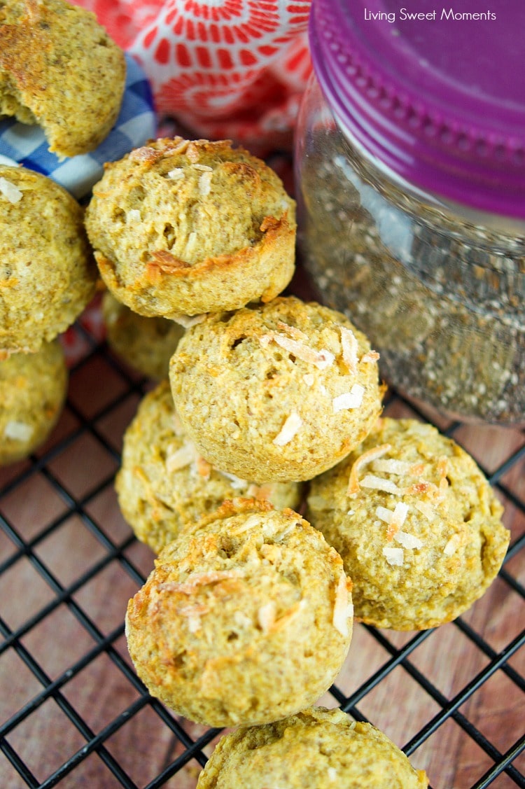 These gluten free mango coconut muffins are made with chia and oats and are low in fat and sugar. The perfect healthy muffin recipe for breakfast or snack.