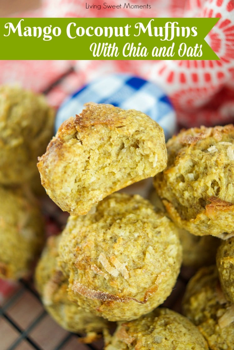 These gluten free mango coconut muffins are made with chia and oats and are low in fat and sugar. The perfect healthy muffin recipe for breakfast or snack.