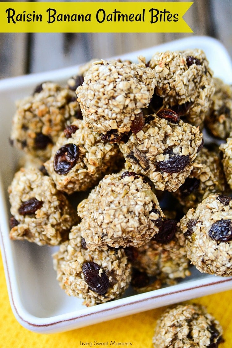 These delicious Raisin Banana Oatmeal Bites require only 4 ingredients and are made without any added sugar. The perfect healthy snack for kids and adults. 