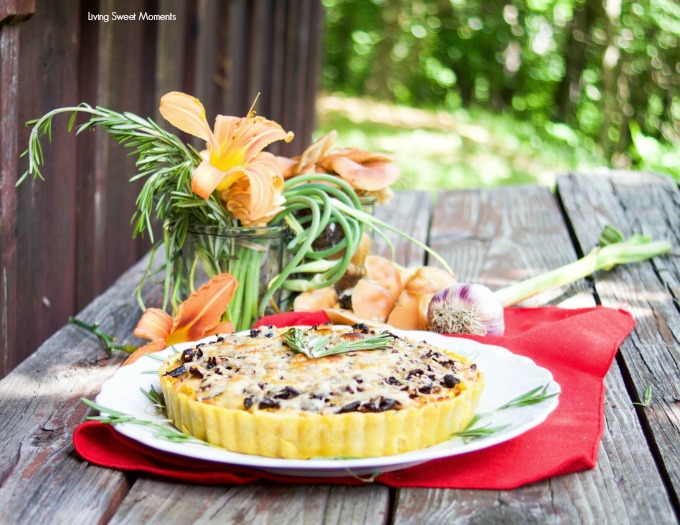 This delicious Summer Vegetable Tart recipe is filled with corn, shallots, mushrooms, creme fraiche and shredded gruyere cheese. A perfect vegetarian entree