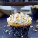 These decadent Salted Caramel Cupcakes are healthier, flourless, & high in protein. Served with creamy frosting and caramel sauce. Dessert without the guilt