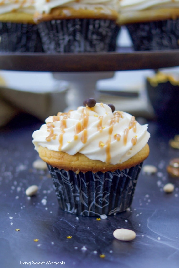 These decadent Salted Caramel Cupcakes are healthier, flourless, & high in protein. Served with creamy frosting and caramel sauce. Dessert without the guilt