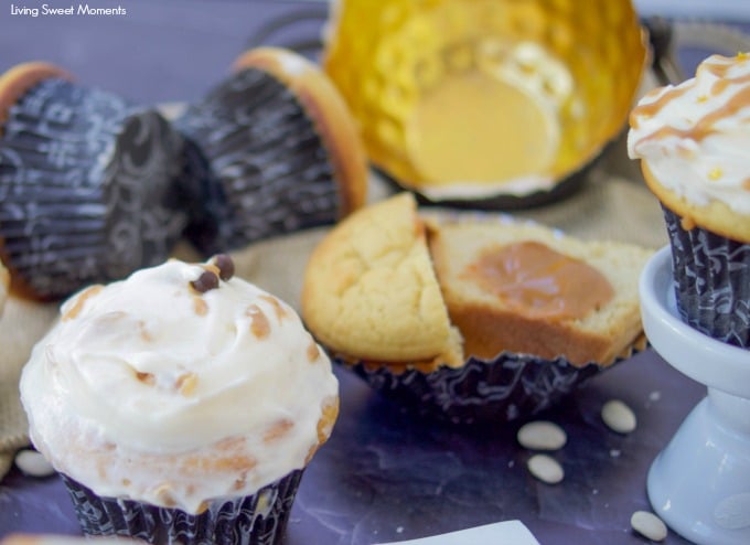 These decadent Salted Caramel Cupcakes are healthier, flourless, & high in protein. Served with creamy frosting and caramel sauce. Dessert without the guilt