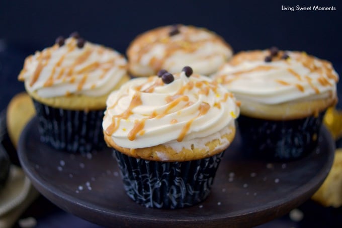 These decadent Salted Caramel Cupcakes are healthier, flourless, & high in protein. Served with creamy frosting and caramel sauce. Dessert without the guilt