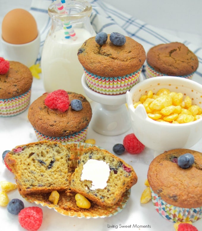 These Moist Buttermilk Corn Muffins are made with Kellogg's Corn Pops cereal to give it a distinct taste and sweetness. Perfect for breakfast & Snack time!