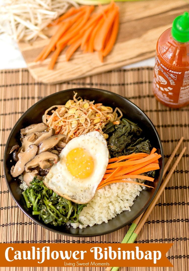 This amazing Korean Cauliflower Bibimbap recipe is delicious, low-carb, keto friendly, and easy to make. The perfect quick vegetarian weeknight dinner idea. Cover recipe with Sriracha bottle 