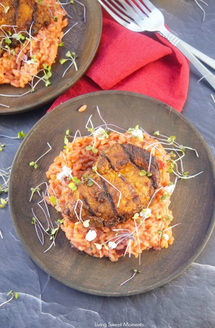 Enjoy a creamy beet risotto recipe made with roasted beets, arborio rice & goat cheese served with crispy fire-grilled chicken, garnished with microgreens as a weekenight dinner idea