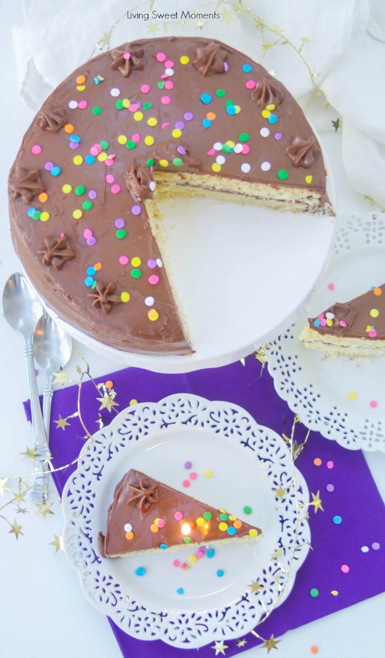 This creamy Chocolate Birthday Cake Icing Recipe is the best one you will ever try! Only requires 3 ingredients and is rich in real chocolate flavor. View of the cake from the top