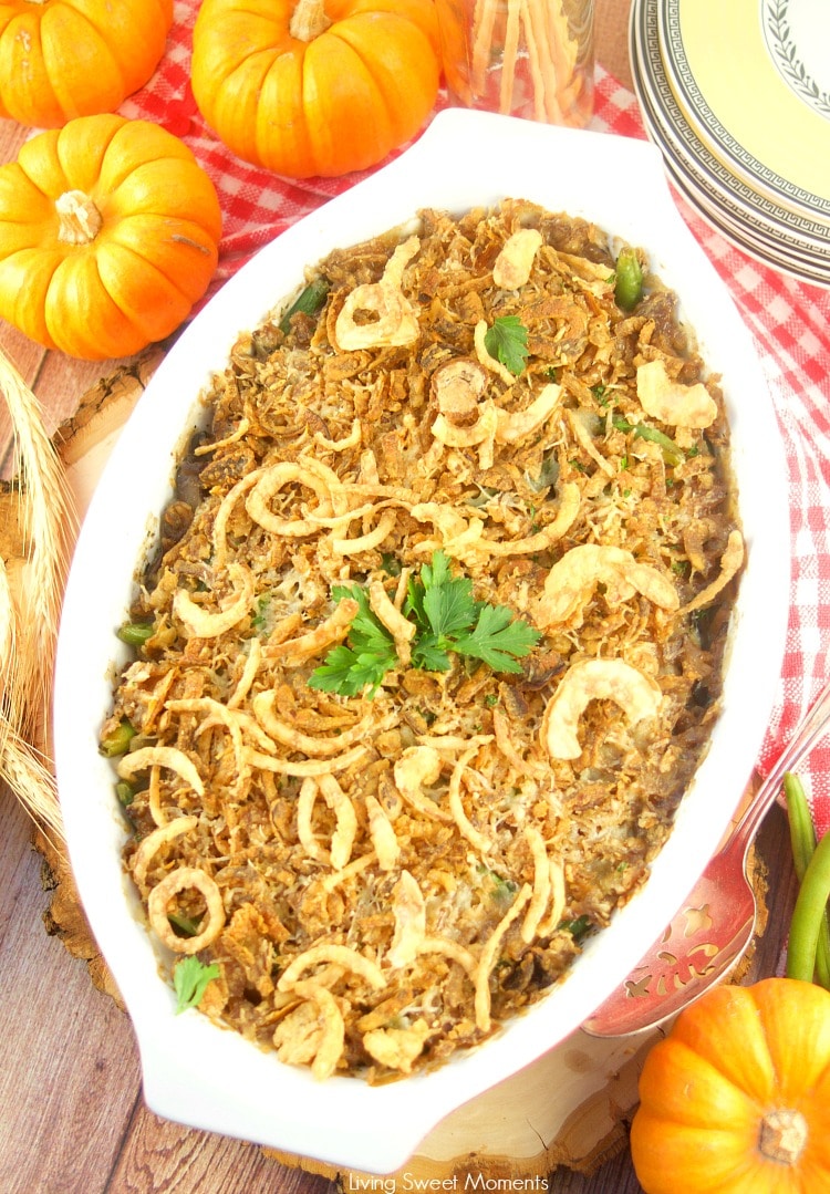 I've fancied up a classic Thanksgiving dish. This creamy Green Bean Casserole From Scratch recipe has lot's of onions, mushrooms, and green beans and gruyere cheese with parsley