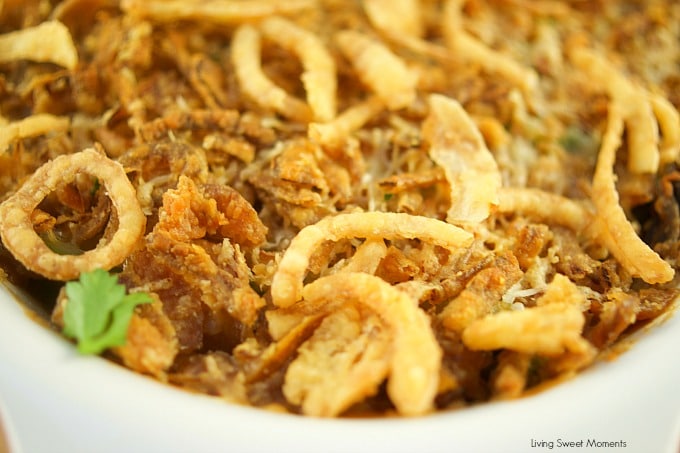 I've fancied up a classic Thanksgiving dish. This creamy Green Bean Casserole From Scratch recipe has lot's of onions, mushrooms, and green beans. A closeup of the crunchy topping