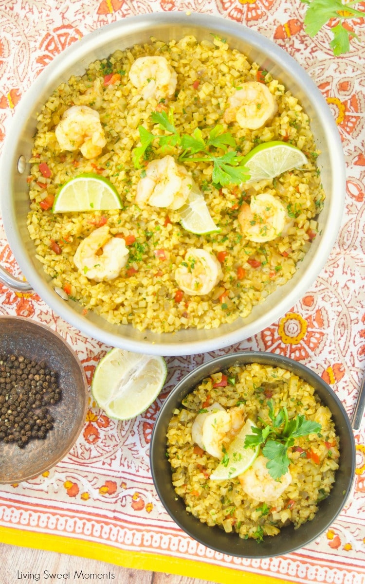 Keto Curried Riced Cauliflower recipe with shrimp is low carb, paleo and keto friendly. Ready in 20 minutes for a quick weeknight dinner idea.