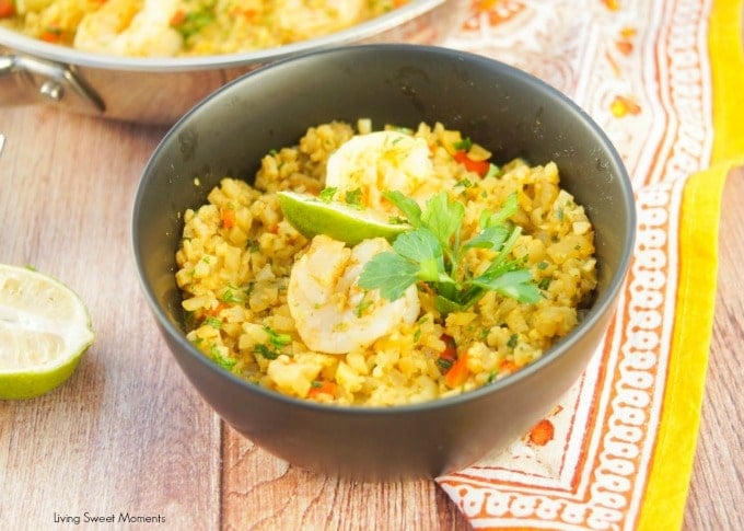 This delicious Curried Riced Cauliflower recipe with shrimp is low carb, paleo and keto friendly. a One pot meal ready in 20 minutes or less