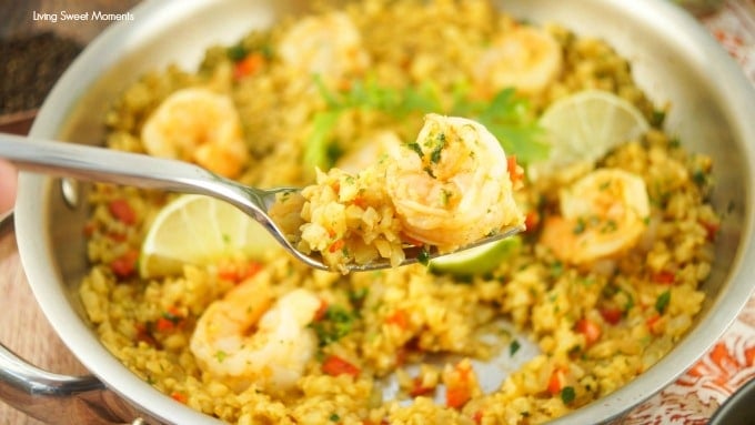 This delicious Curried Riced Cauliflower recipe with shrimp is low carb, paleo and keto friendly. Taking a bite out of this quick dinner.