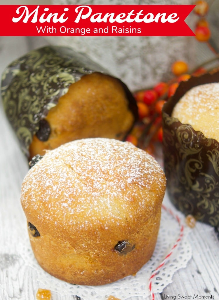 This easy Easy Mini Panettone recipe is delicious, flavorful, and quick to make. Vertical photo showing the mini panettone filled with orange and raisins