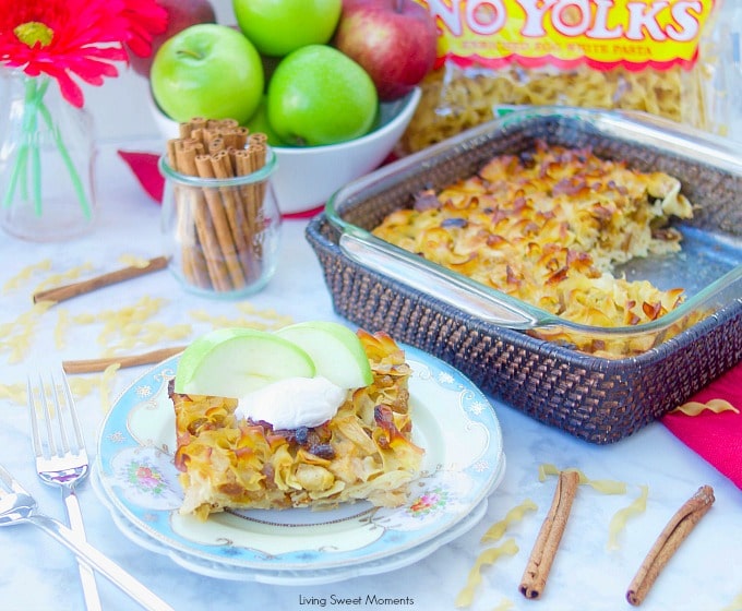 This delicious Apple Noodle Kugel recipe is both sweet and savory. The apples are sauteed with onions raisins and cinnamon. Perfect for the holidays! No Yolk Noodles