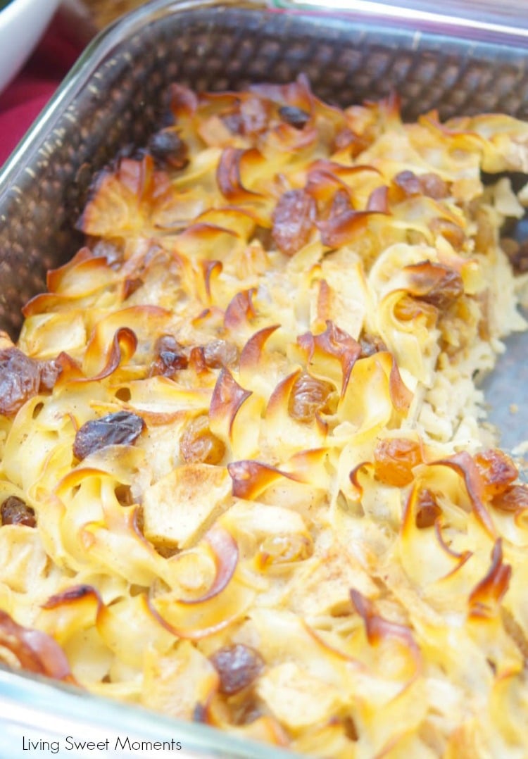This delicious Apple Noodle Kugel recipe is both sweet and savory. The apples are sauteed with onions raisins and cinnamon. Crunchy pasta on the outside and creamy inside