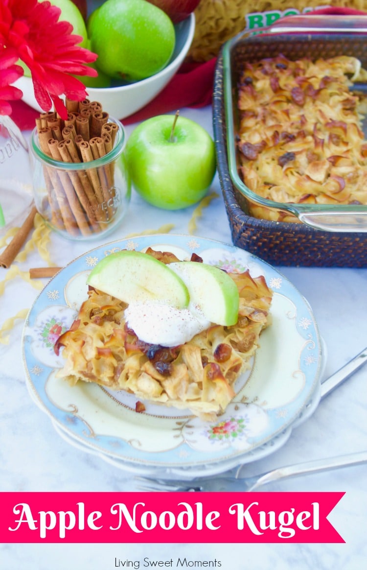 This delicious Apple Noodle Kugel recipe is both sweet and savory. A slice of kugel topped with sour cream, apples, and cinnamon 