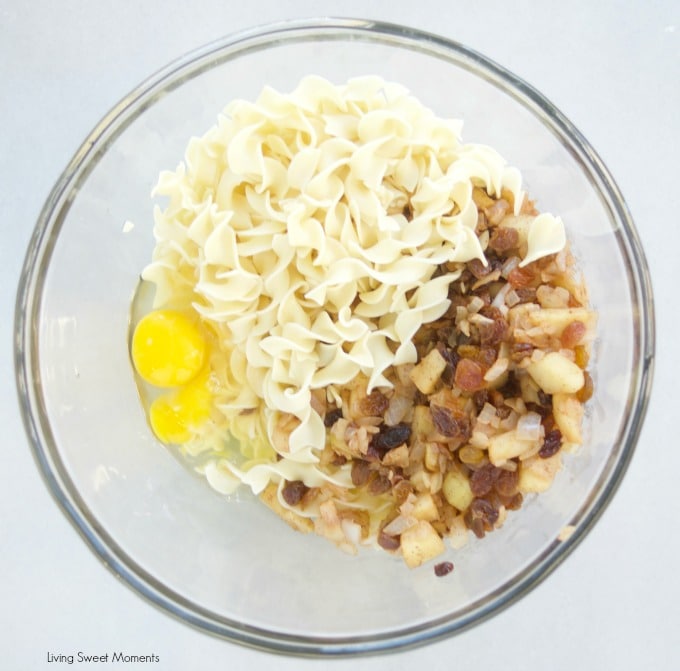 apple noodle kugel recipe components: no yolk noodles, eggs, apple and onions