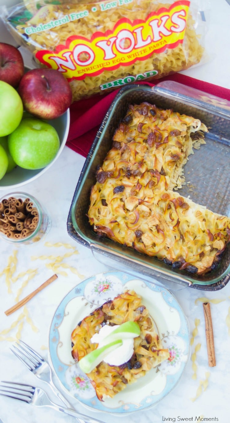 This delicious Apple Noodle Kugel recipe is both sweet and savory. Showing No Yolks bag with casserole