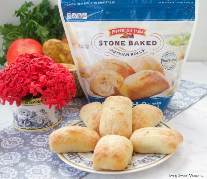 This creamy Potato Dumpling Soup is served with pepperidge farm stone baked artisan rolls