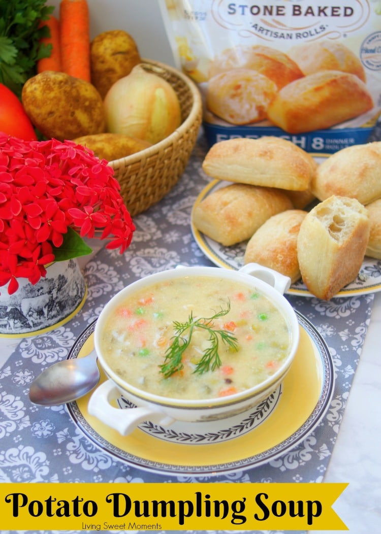 This creamy Potato Dumpling Soup recipe is the shown with fresh bread rolls