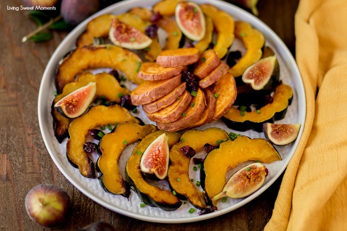 This delicate sugar Roasted Sweet Potatoes and Squash recipe requires only 5 ingredients and is the perfect Holiday side dish for autumn or fall featuring acorn squash