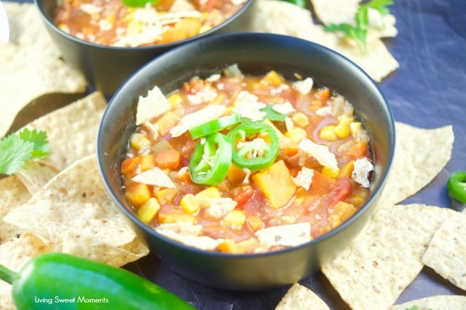 This quick and easy Vegan Instant Pot Sweet Potato Chili recipe with jalapenos and tortilla chips.