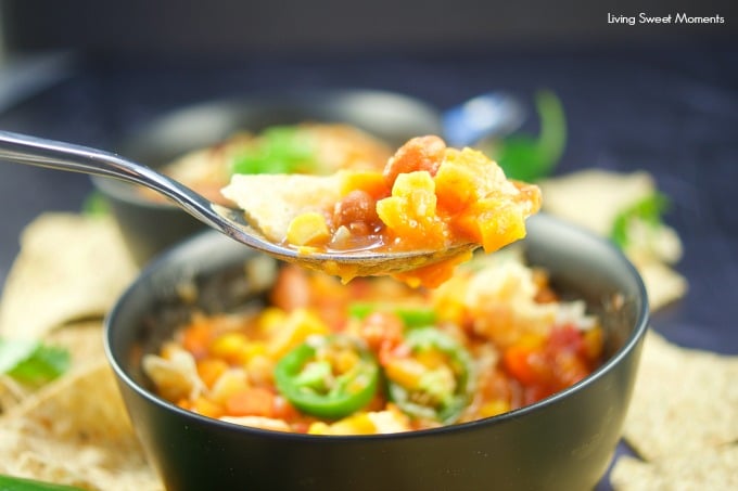 This quick and easy Vegan Instant Pot Sweet Potato Chili recipe a spoonful in a bowl