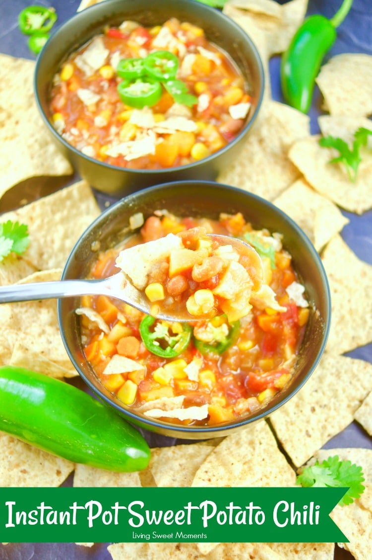 This quick and easy Vegan Instant Pot Sweet Potato Chili recipe is ready in 20 minutes or less and is made with canned beans, and spices