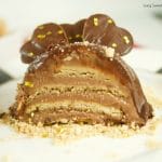 This decadent No Bake Chocolate Biscuit Cake (marquesa de chocolate) is made with condensed milk and drizzled with ganache for an easy & elegant dessert. Closeup of the cut cake