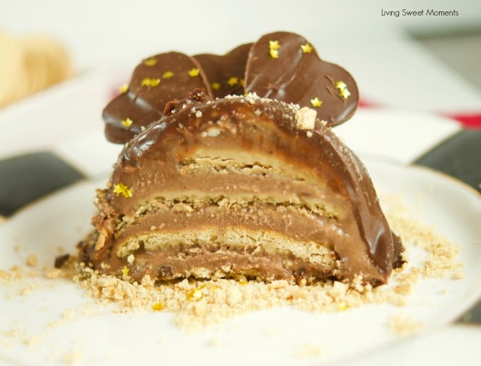 This decadent No Bake Chocolate Biscuit Cake (marquesa de chocolate) is made with condensed milk and drizzled with ganache for an easy & elegant dessert. Closeup of the cut cake